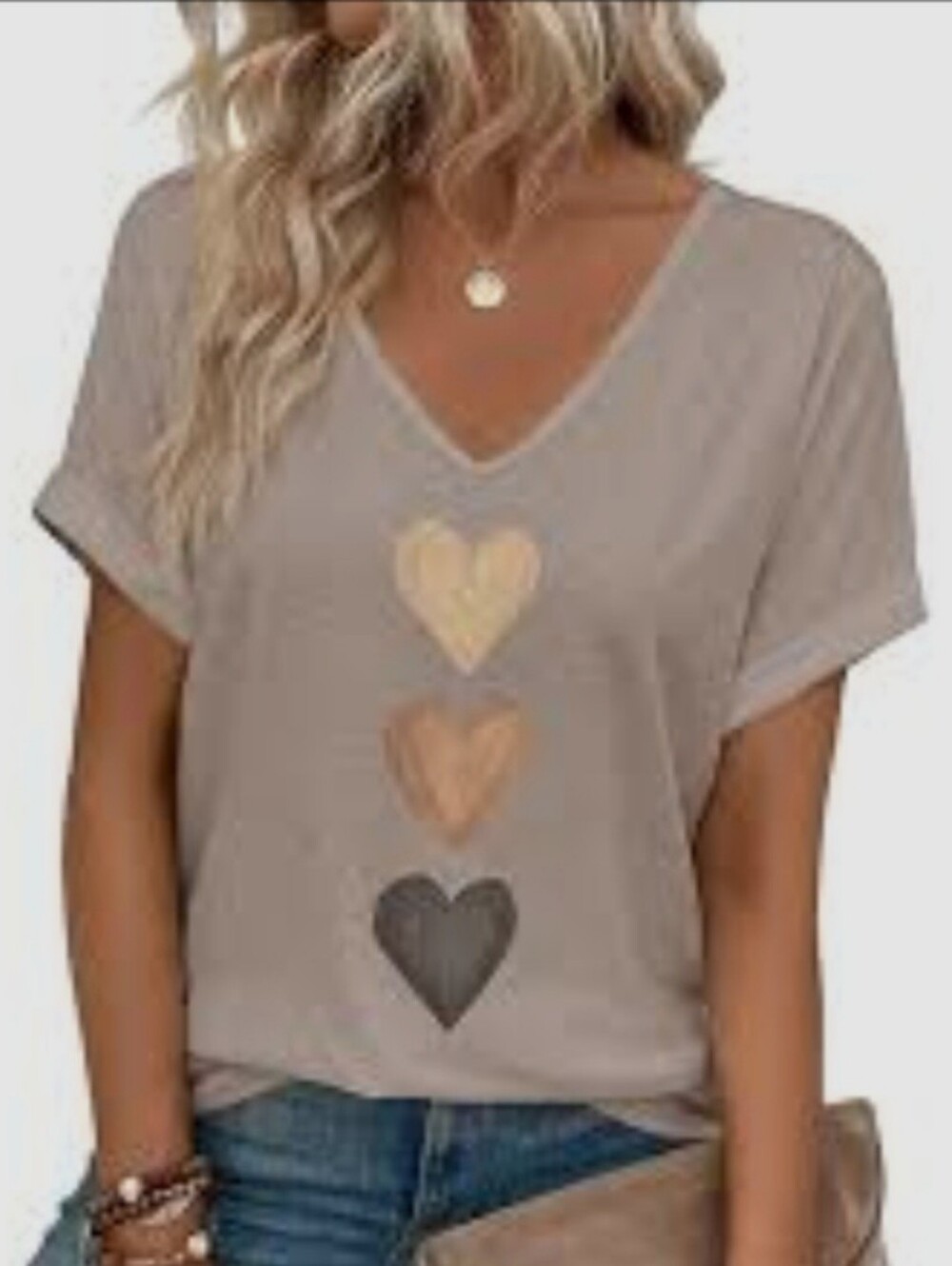 SHEIN Taupe V-Neck Tee with Stacked Hearts